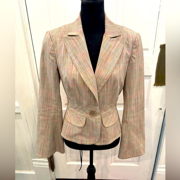 Trina Turk Los Angeles Designer Plaid Pink Beige Flare Sleeve Lined Blazer Sz 2 - Picture 1 of 5